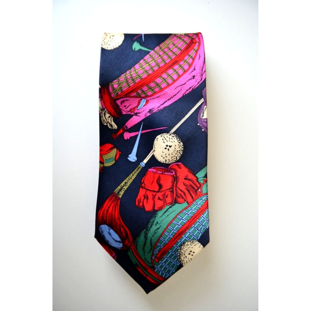 Sinsabang Men's 100% Silk Neck Tie Dark Background Bright Colors Golf Theme